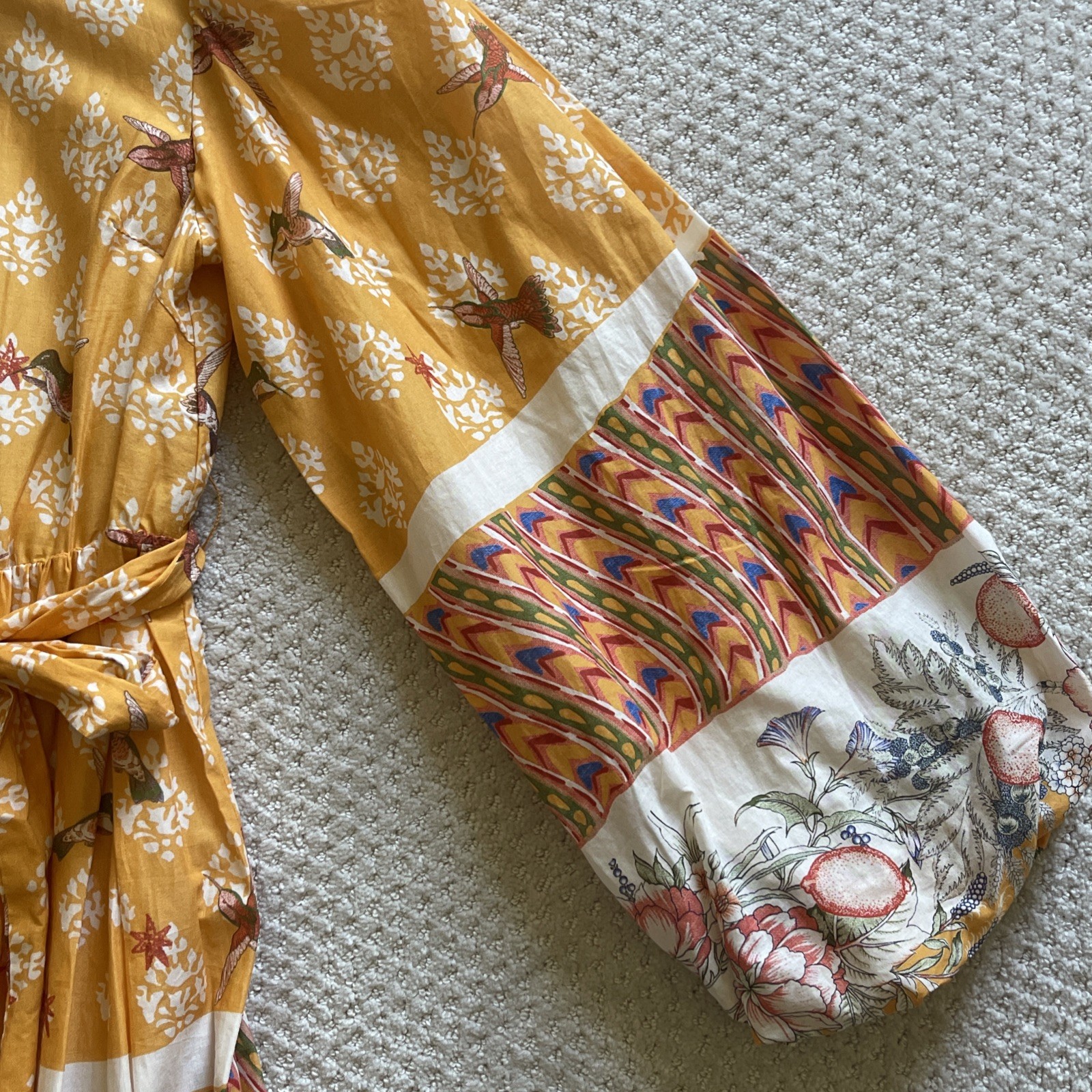 A Loves A Border Print Mandarin Collar Maxi Dress Sz XS Boho Hummingbird Bird