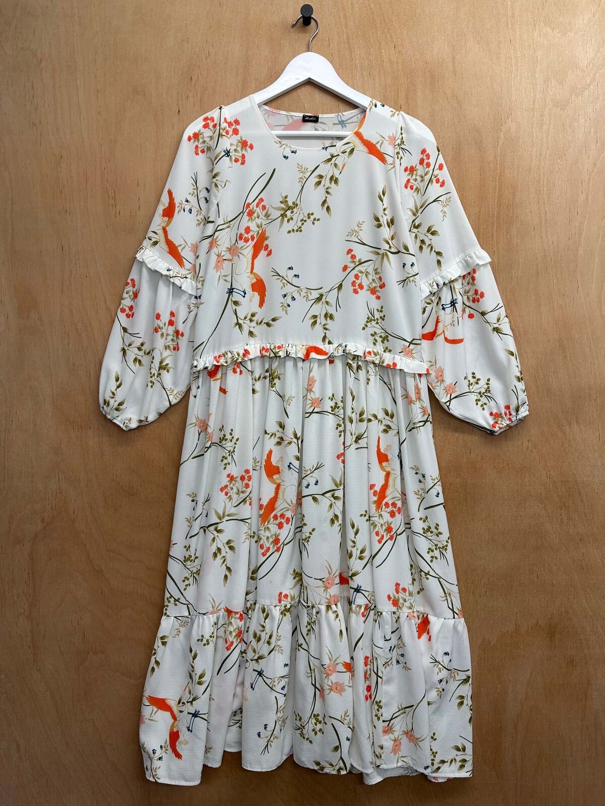 Minkie Size S White Orange Chiffon Botanical Bird Frill Tiered Long Sleeve Dress
