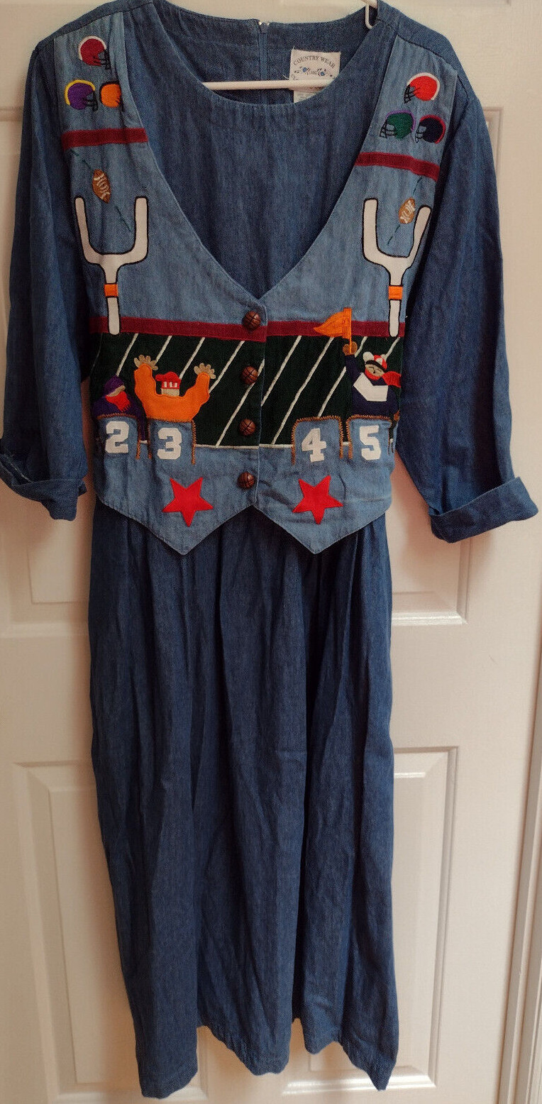 Vtg Football Theme Denim Dress Sz 18W Embroidered Country Wear Clothing Co