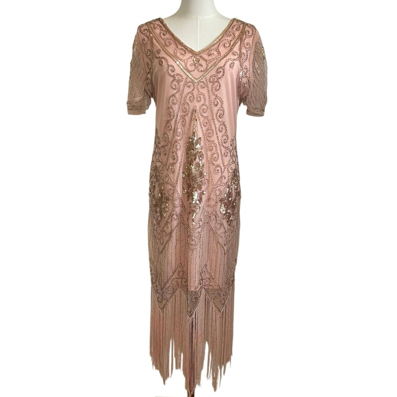 Pink Beaded Sequin Flapper Dress PS Fringe 1920s Style Art Deco Costume Party