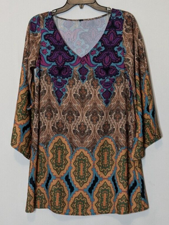 Tan, Teal, Purple Paisley A-Line, V-Neck Mini Dress; Bell Sleeves; Size S