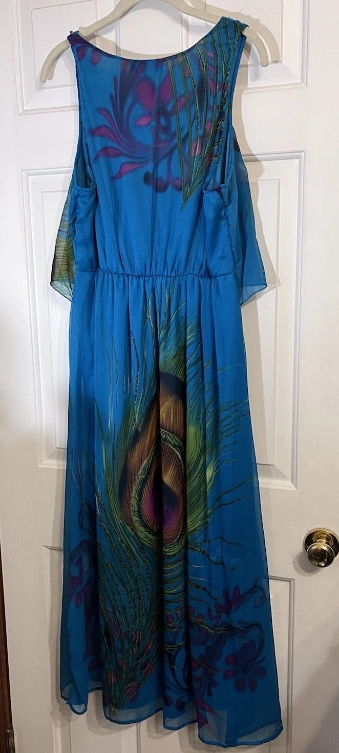Women’s Blue Peacock Feather Print Chiffon Maxi Dress Beaded Layered Sz L