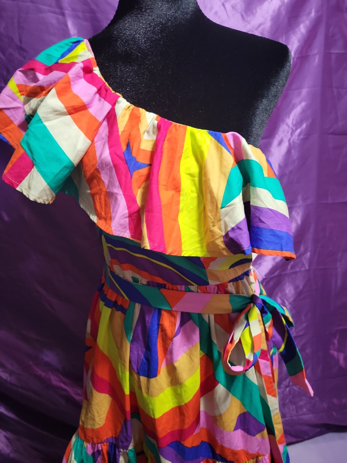 Flying Tomato Rainbow Wave One Shoulder Maxi Dress Multi Tiered Ruffle Belted