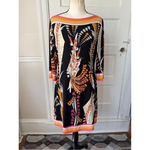 Ali Ro Boatneck Shift Dress Y2K Anthropologie 3/4 Sleeve Colorful Abstract Mod 8