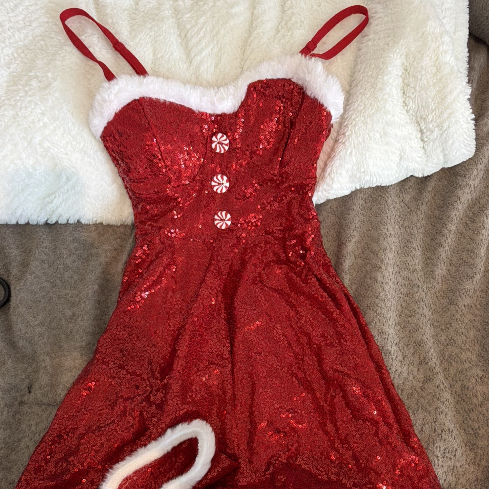 Red Sequin Santa Faux Fur Trim Mini Dress Sweetheart Zip Lined Women’s S