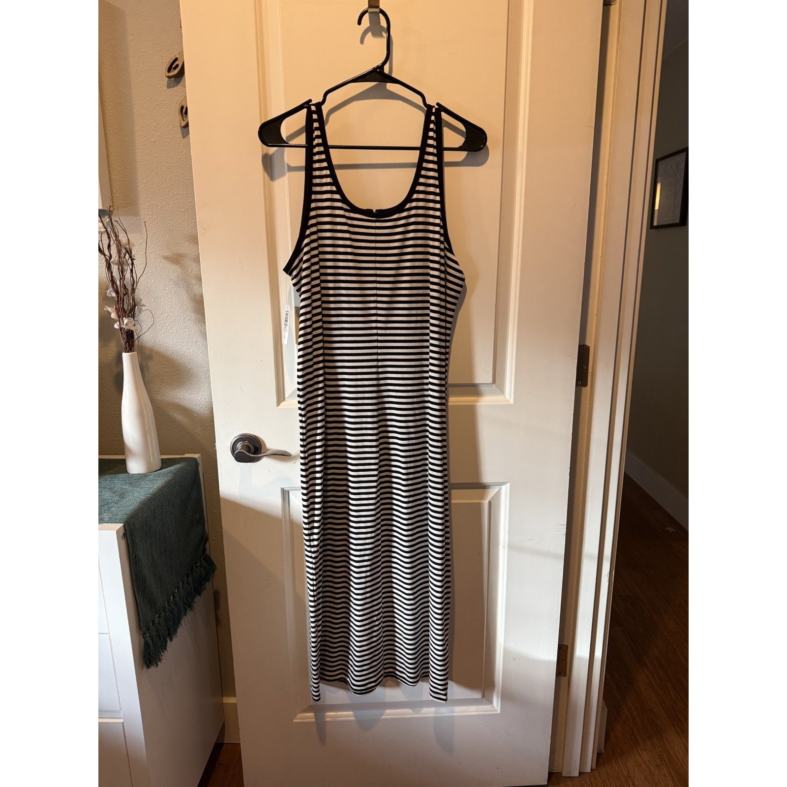 Torrid Black White Striped Ribbed Hook Eye Front Midi Bodycon Tank Dress Womens
