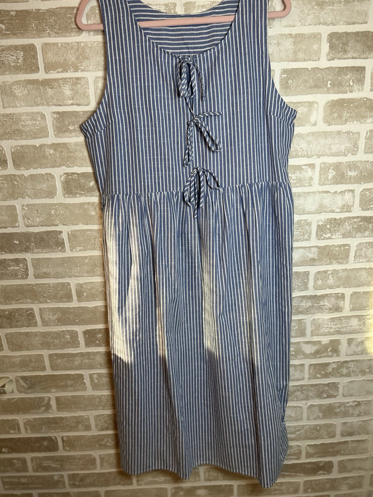 Staccato Blue White Striped Chambray Shift Dress Round Neck Tie Pockets XL