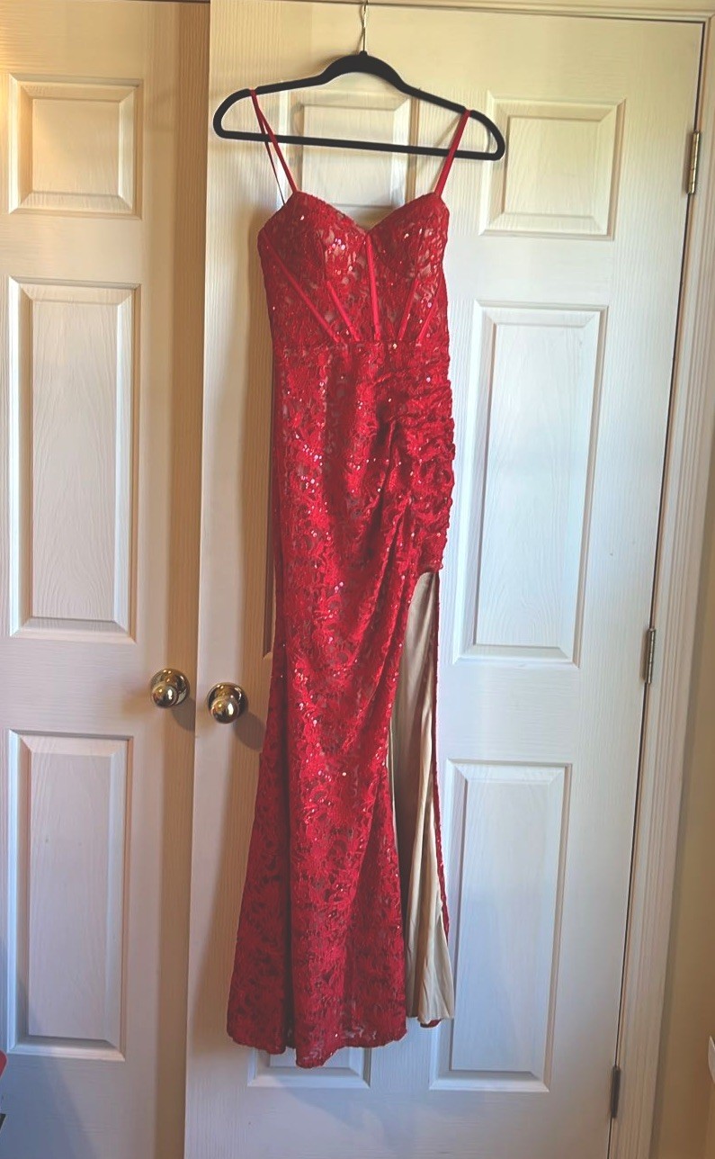 Galina Signature Red Sequin Lace Corset Maxi Dress Slit Prom Formal Gown Size 4