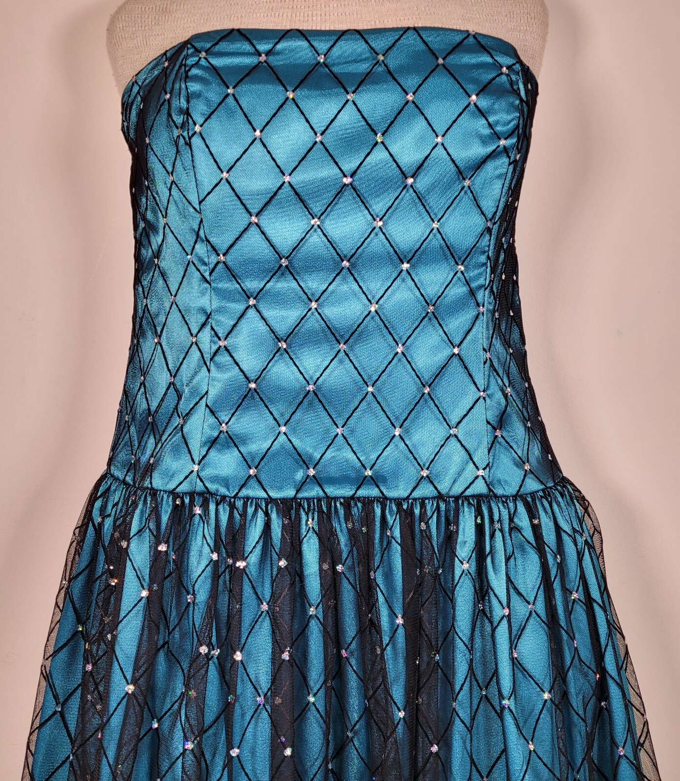 Strapless Dress Teal with Black Overlay and Rhinestones Waist Measures 38 Inches
