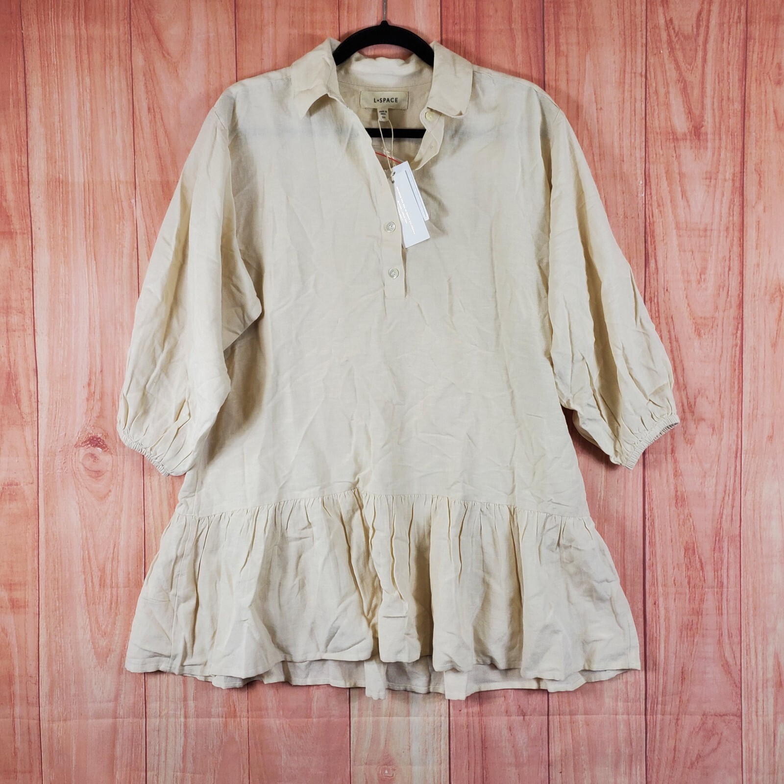 L*Space Womens Newport Dress Small Tapioca Viscose 3/4 Balloon Sleeve Collared