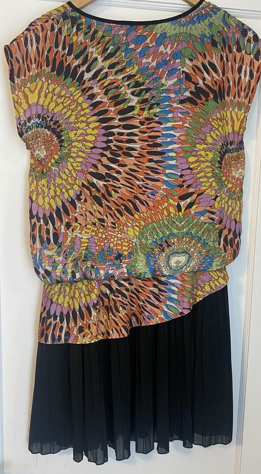 Alberto Makali black colorful geometric elastic waist lined midi dress S