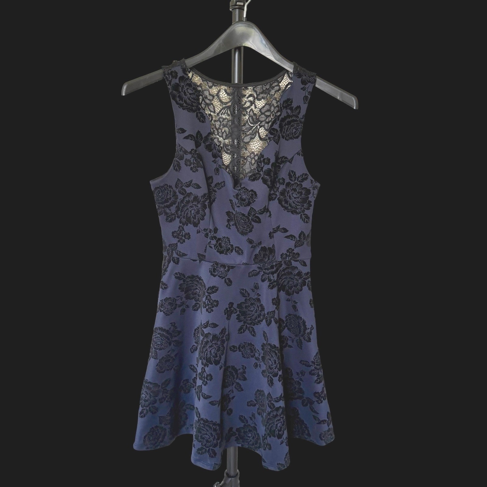 Y2K Whimsigoth Bella Twilight Purple Black Velvet Floral Lace Back Skater Dress