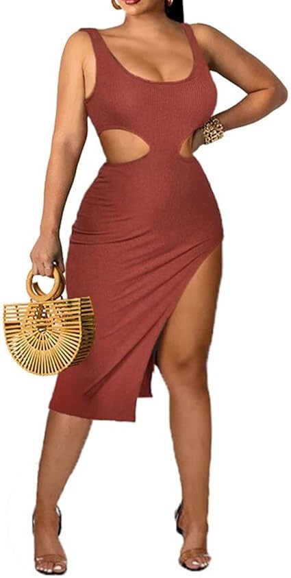 Women Bodycon Summer Cut Out High Slit Sleeveless Party Club Tank Dress Red XL