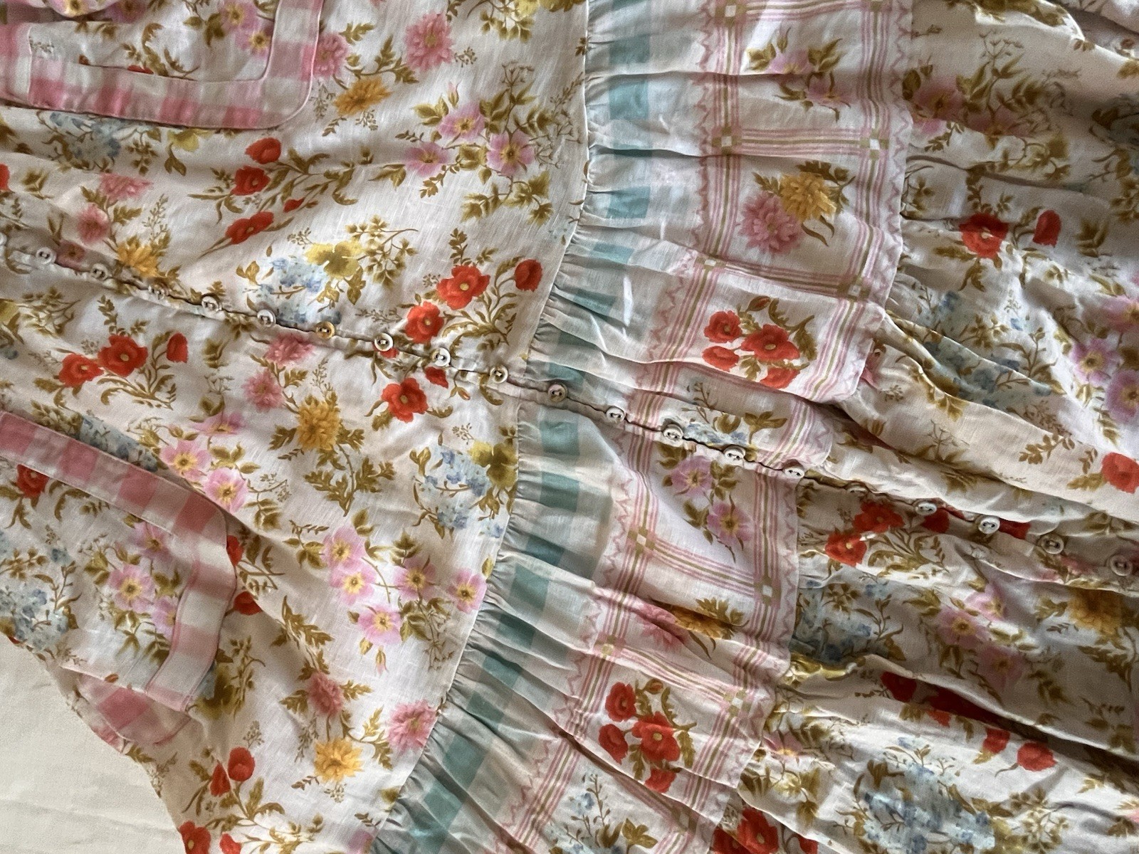 SPELL Linen Tiered Midi Dress – Patchwork Floral Button Down – Boho Cottagecore