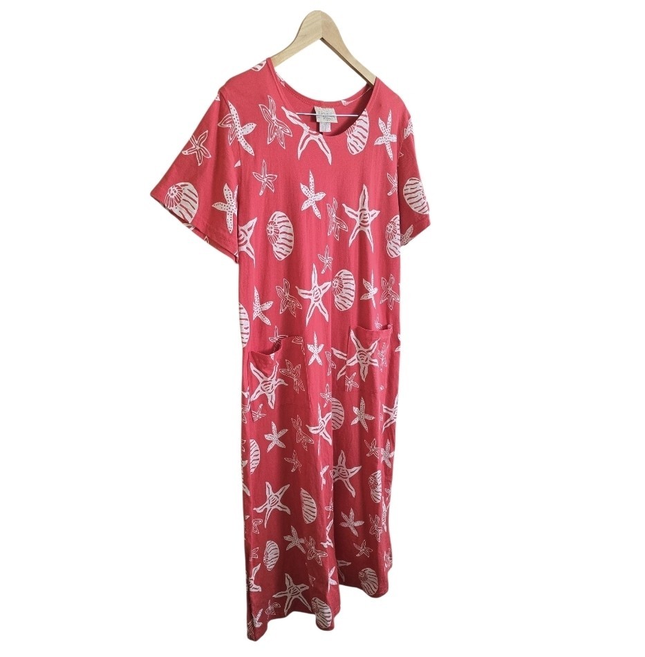 Vintage Fresh Cotton Shell Starfish Beach Maxi Dress With Pockets. Size Large