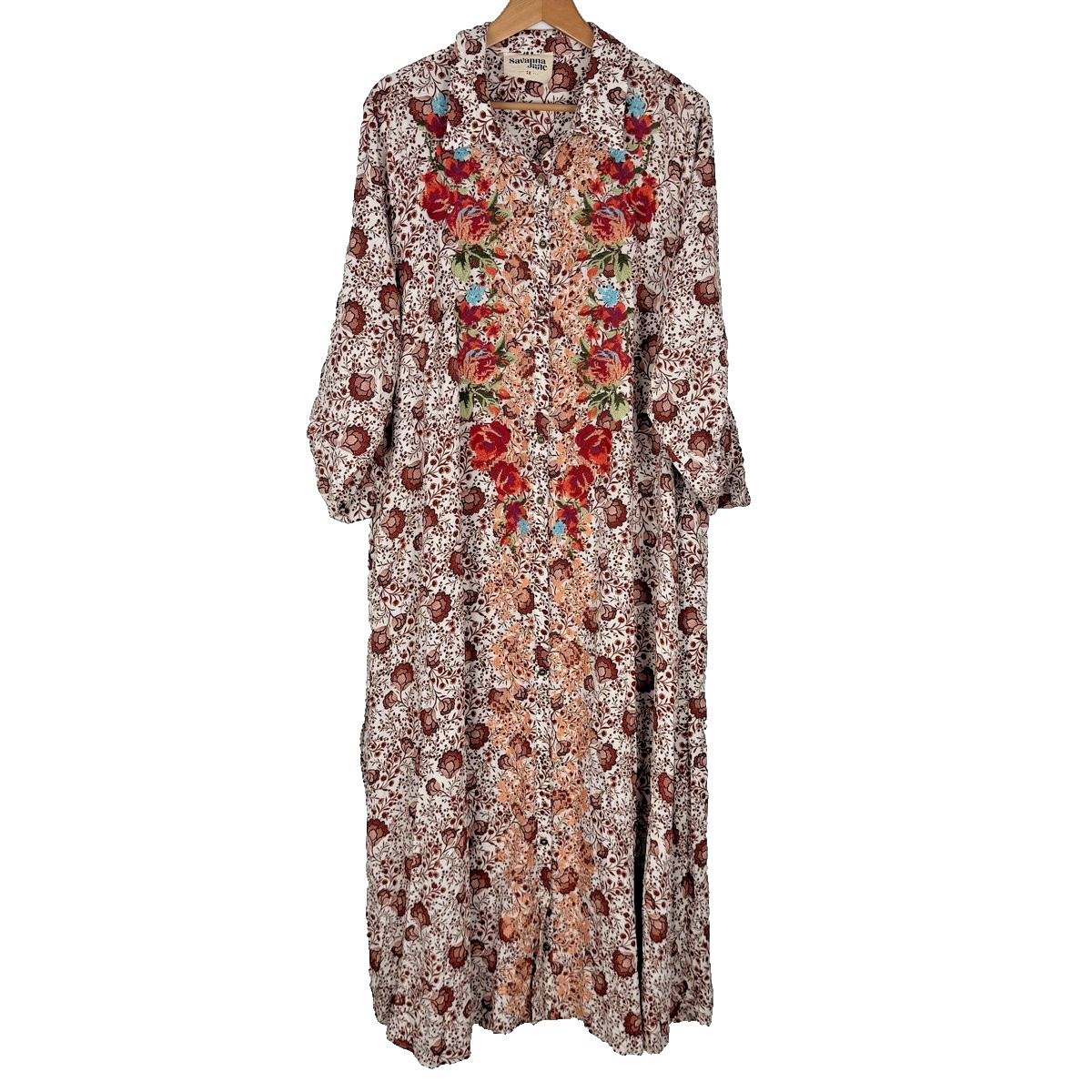 Savanna Jane Womens Embroidered Floral Midi Dress Cream Brown 1X
