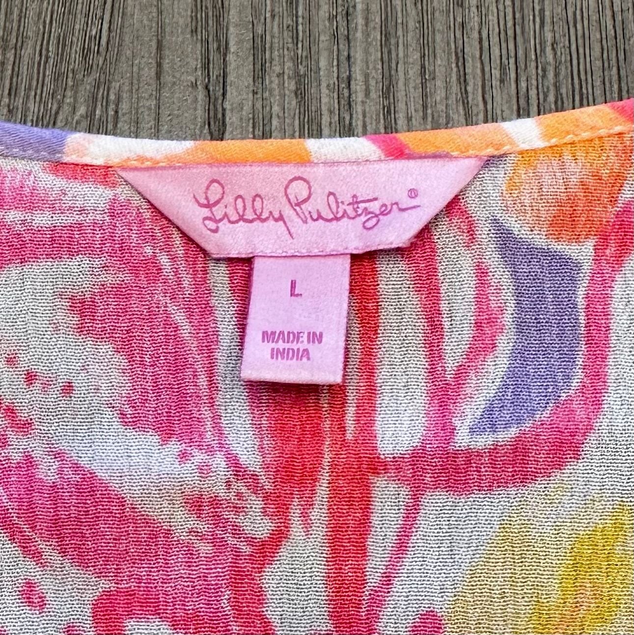 Lilly Pulitzer Amisa Tunic Dress Pink Tropical Floral Tassel Pom Pom Trim Size L