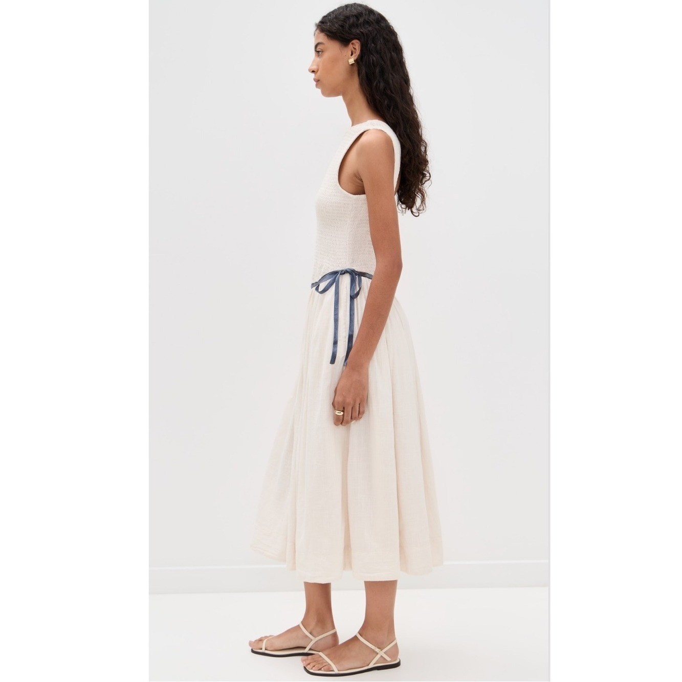 Free People Nightingale Smocked Seersucker Midi Dress in Tea Navy Combo New!