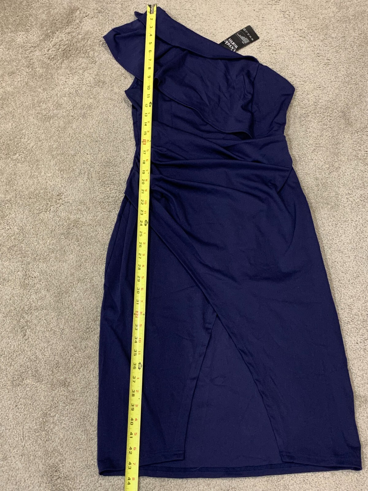 Gentle Warm Navy Dress Womens Size Large One Shoulder Front Slit Stretch Classic