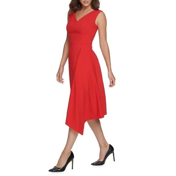 DONNA KARAN NEW YORK V-Neck Asymmetric Sleeveless A-line Midi Dress, 2