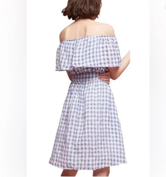Anthropologie 11-1 Tylho Off-The-Shoulder Dress Gingham Blue SZ Petite LG NWT