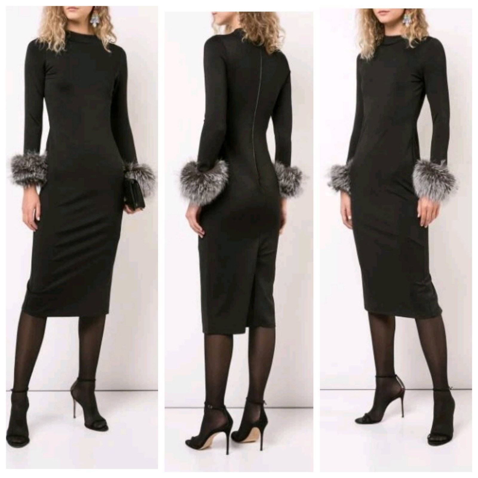 ALICE + OLIVIA Delora Fox Fur-cuff Sleeve Black Midi Dress. Size 4 $550