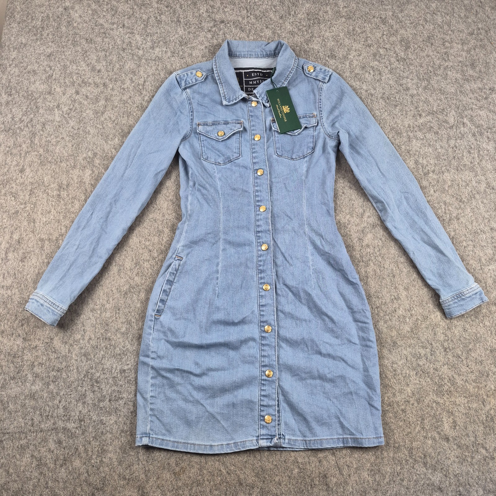 Holland Cooper Denim Shirt Dress Womens UK 12 Blue Light Wash Military Casual