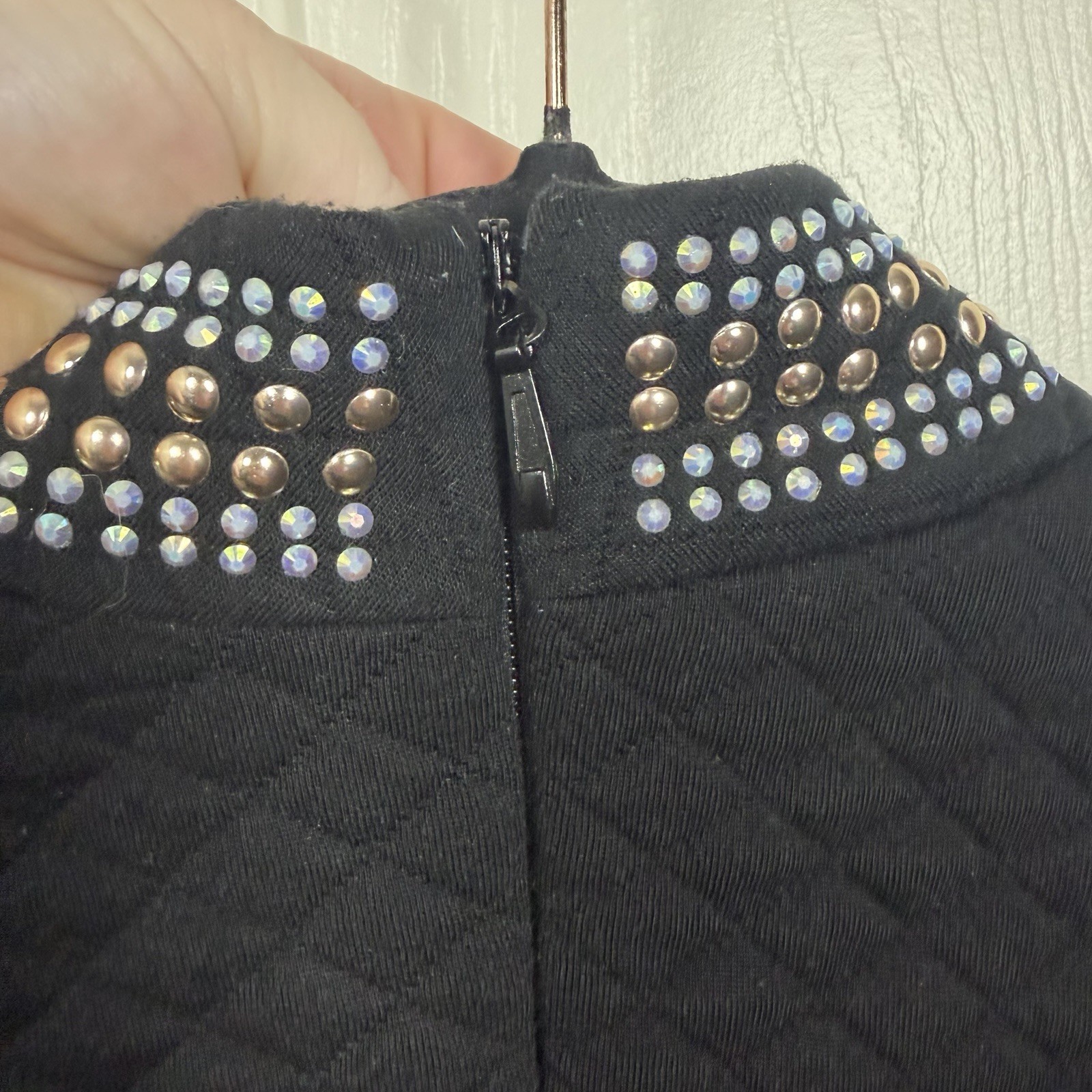 Xtaren Rhinestone Grommet Long Sleeve Quilted Celebrity Mock Neck Mini Dress Sm