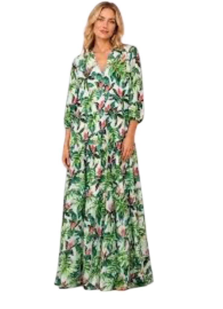 Large New J. McLaughlin Cunningham Green Tropical VNeck Maxi Dress Ruffle Hem