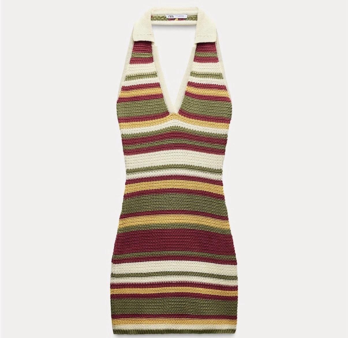 Zara Multicolor Crochet Striped Halter Mini Dress Sleeveless V-Neck Pullover