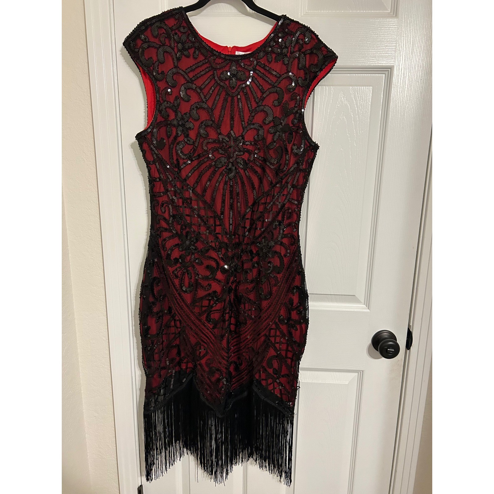SWEETV Red Black Sequin Flapper Dress Gatsby Art Deco Fringe Cocktail Dress