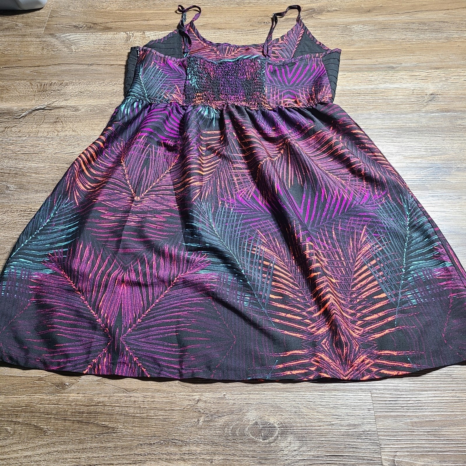 Hurley Colorful Orange Purple Green Leaves On Black Dress Women Size XL Zip Hook