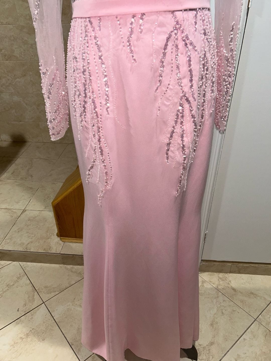 Pink Beaded Linear Cascading Long-Sleeve Mermaid Gown