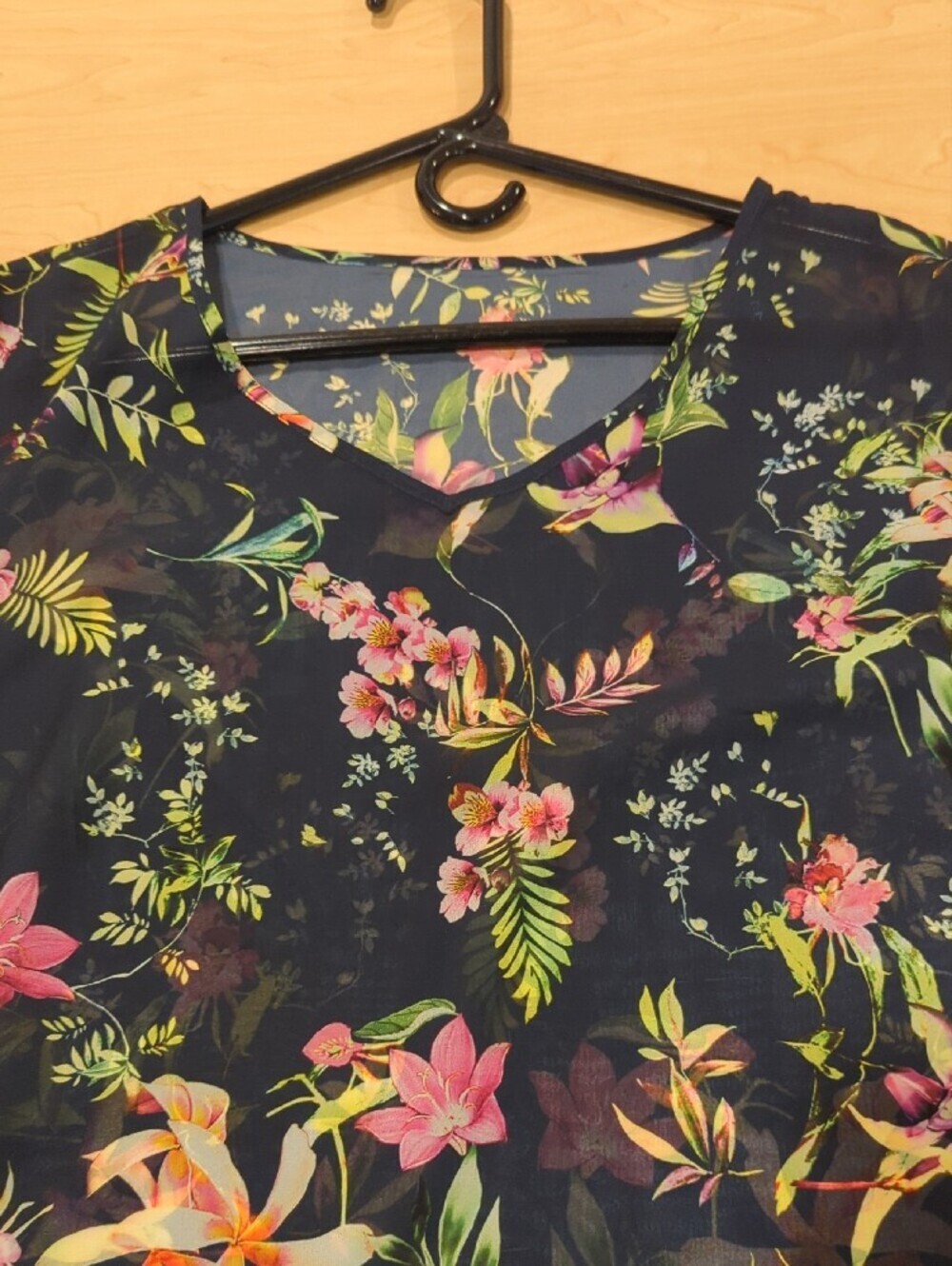 Floral V-Neck Shift Dress – Navy with Pink & Green Floral