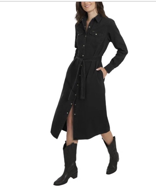 Women’s Black Solid Shirt Dress S Long Sleeve Button Belted Pockets Midi