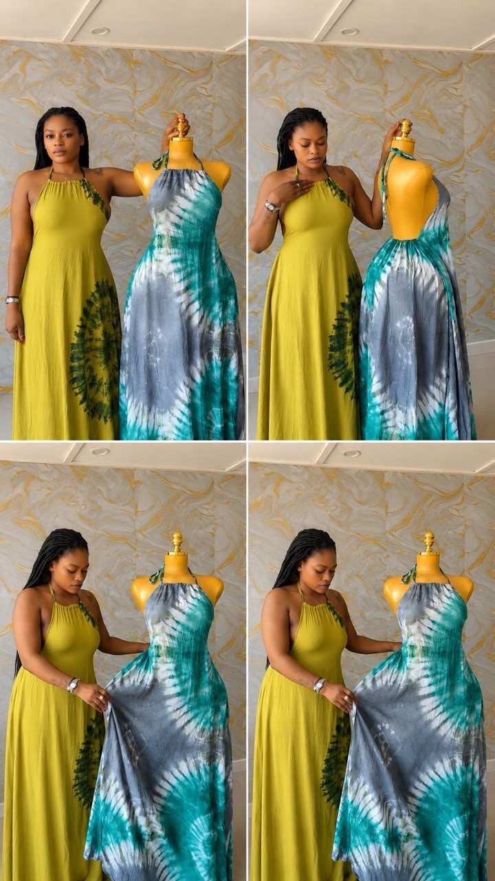 Women’s One Size Abstract Halter Backless Tie Maxi Dress Teal Pink Olive White