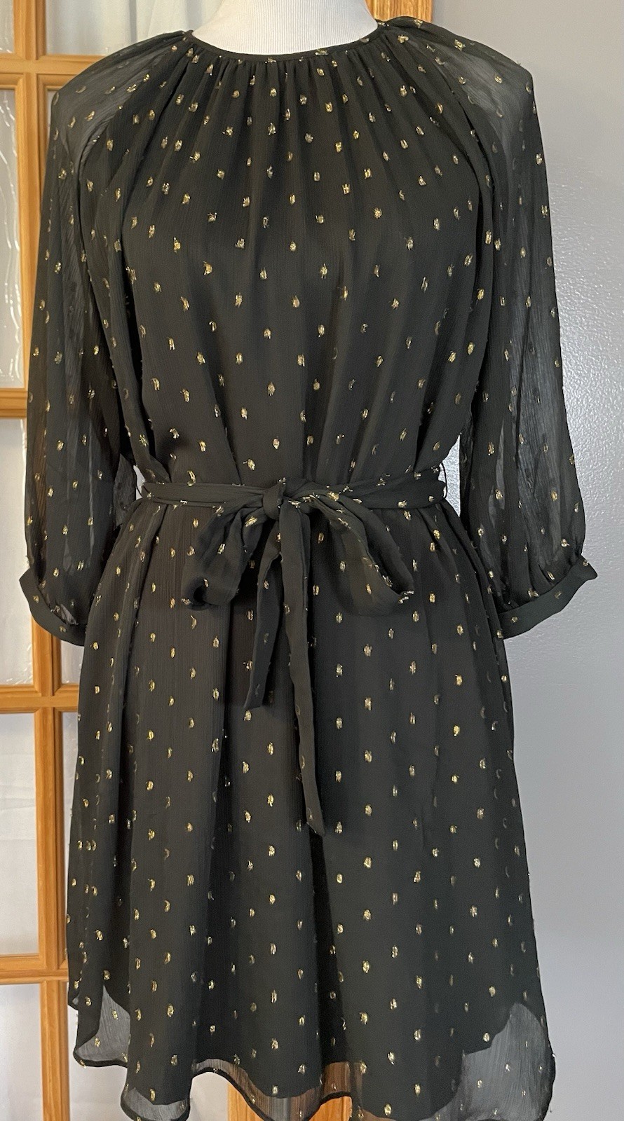90s Ann Taylor Belted Dress PS Black Metallic Gold Sheer Goth Modern Party City