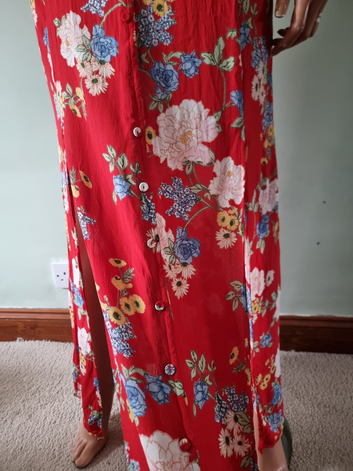 Vintage Miss Selfridge Red Floral Button Front Maxi Dress UK:6