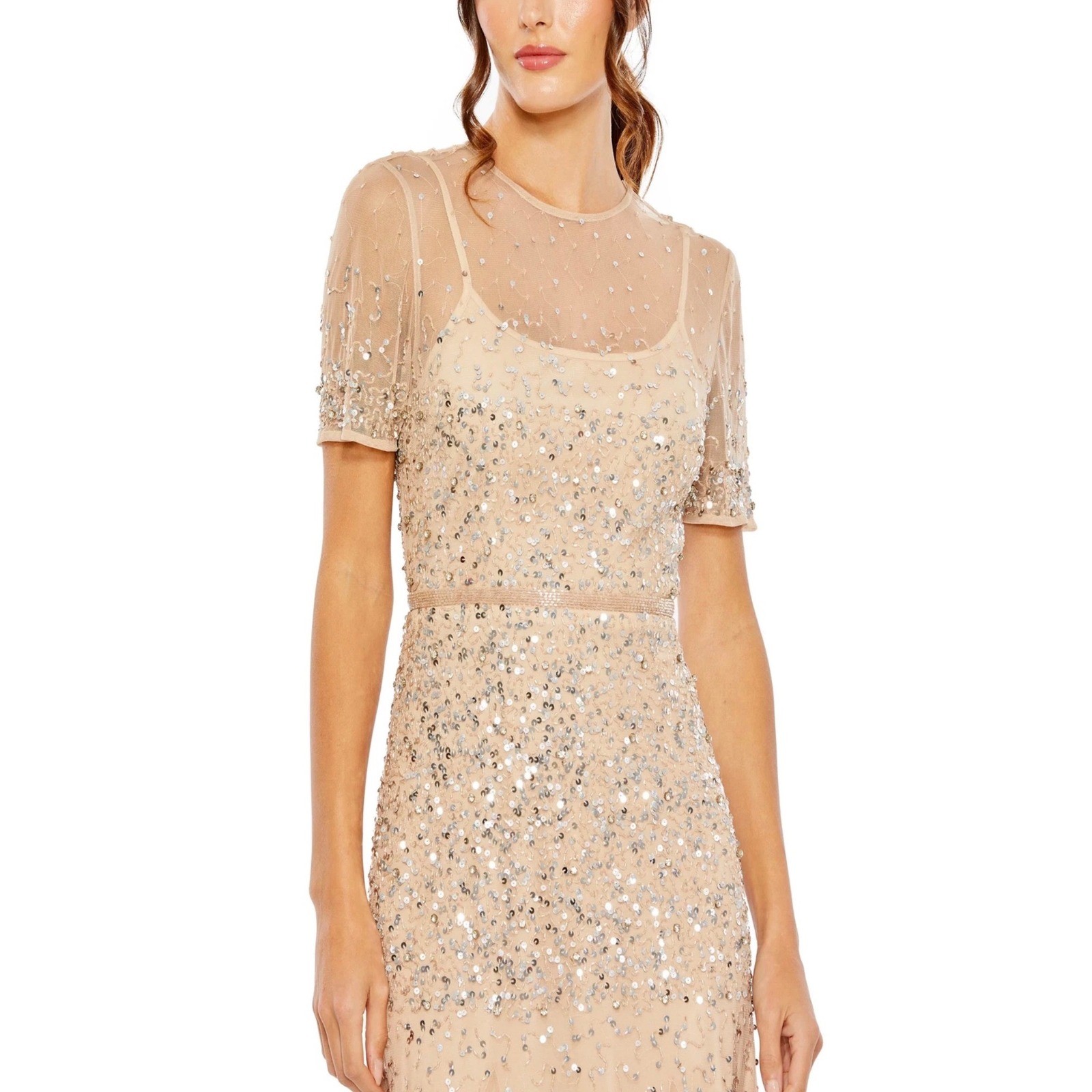 NWT Mac Duggal 93909 Nude Silver Sequin Illusion High Neck Gown Sz 6