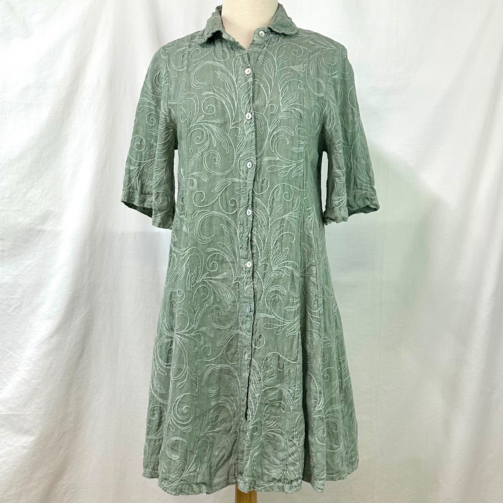 FRANCESCA BETTINI Sage Green 100% Linen Embroidered Shirt Dress M Made In Italy