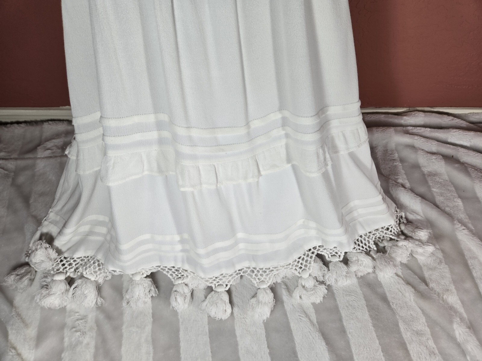 Vintage Havana White Off The Shoulder Tiered Crochet Fringe Hem Dress Size S