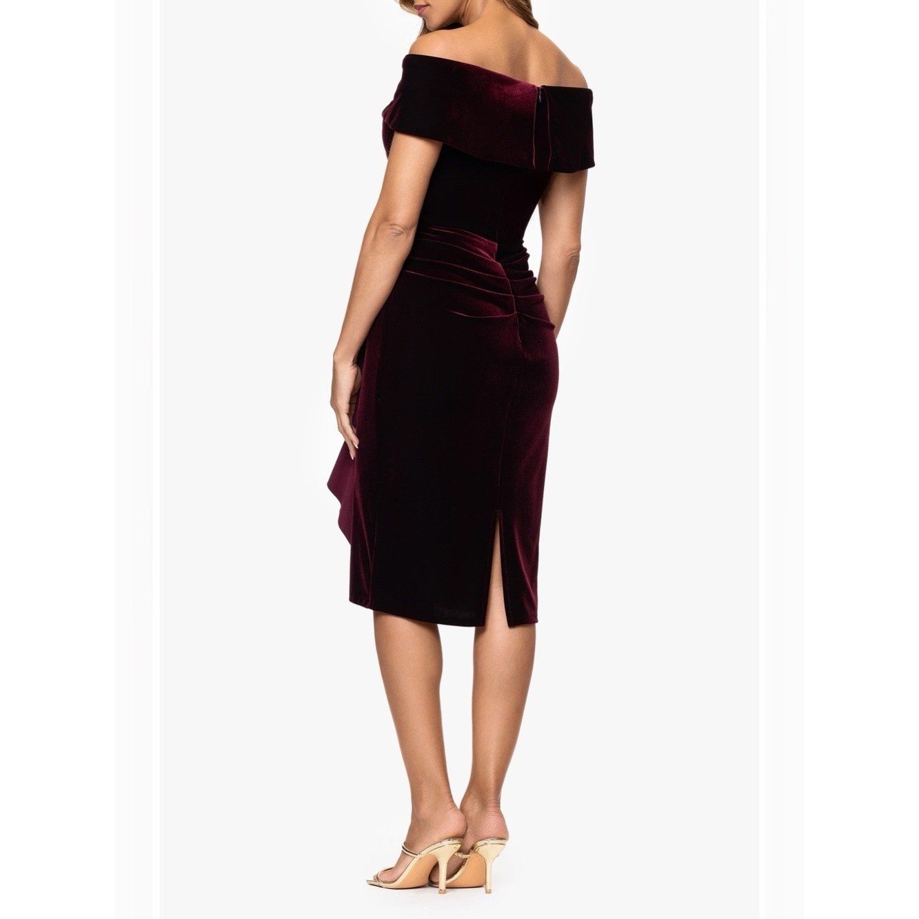 Xscape NEW Ruched Ruffle Off the Shoulder Velvet Cocktail Dress Burgundy