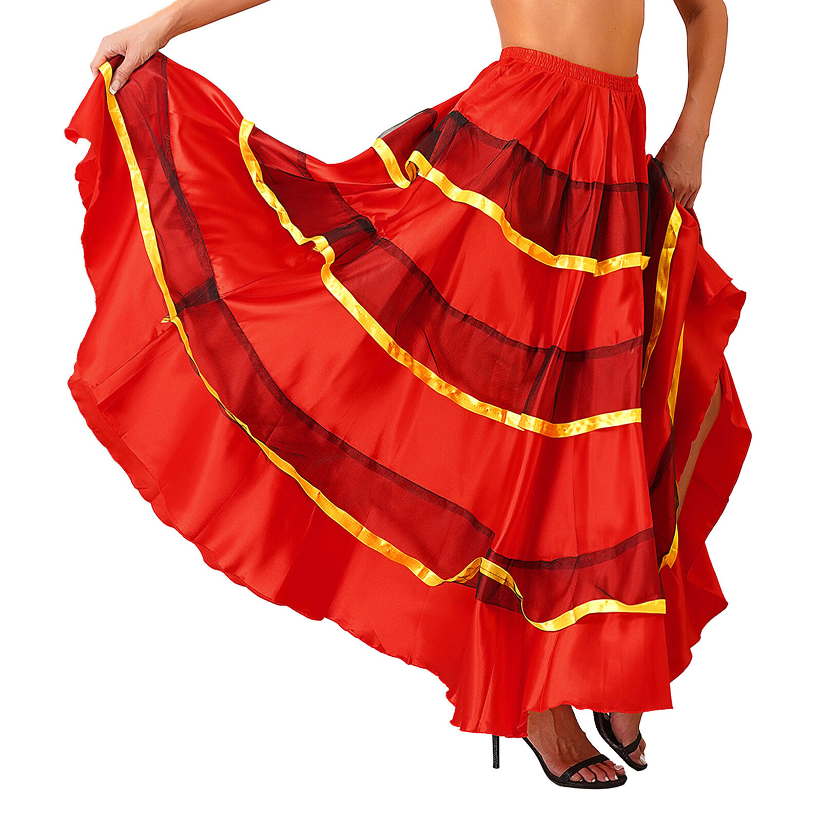 US Women Classic Flamenco Tiered Dance Maxi Skirts Wide Hemline Ballroom Costume