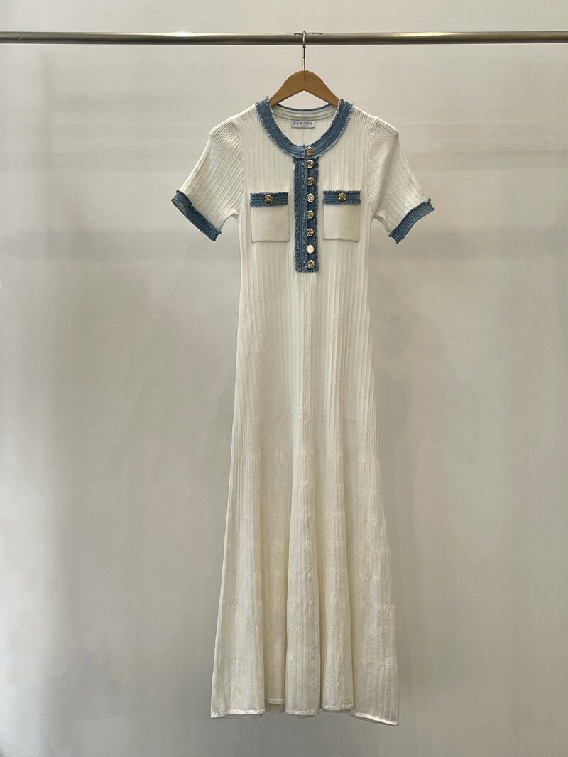 NEW Sandro Denim patchwork knit Short sleeve long dress Women’s