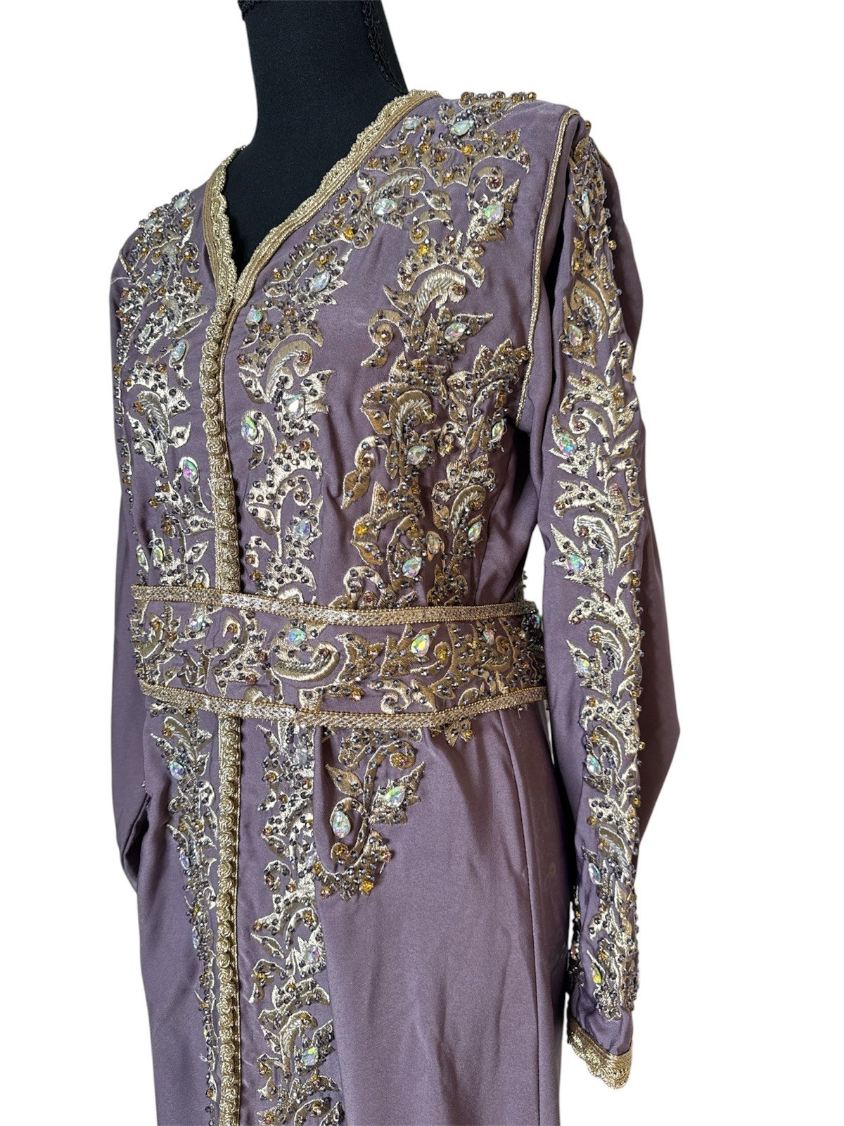 Embroidered Long Caftan Dress in Mauve with Gold Trim