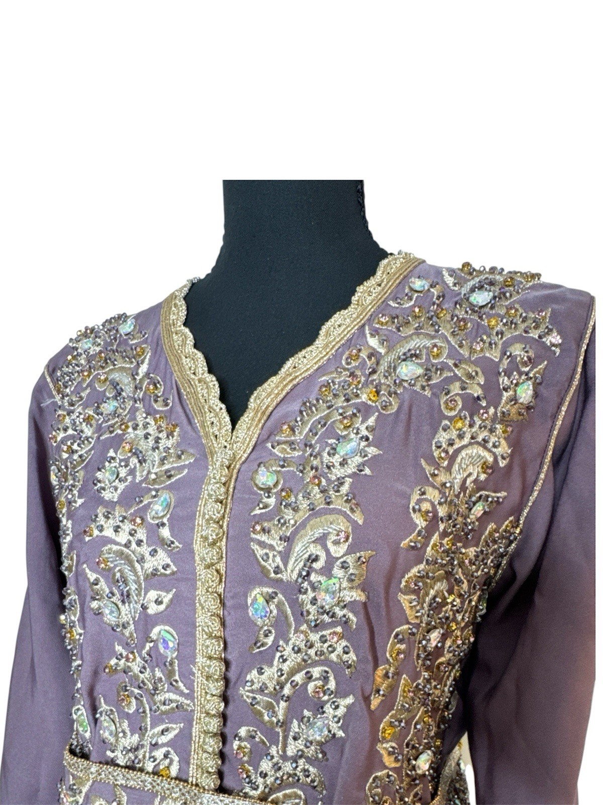 Embroidered Long Caftan Dress in Mauve with Gold Trim