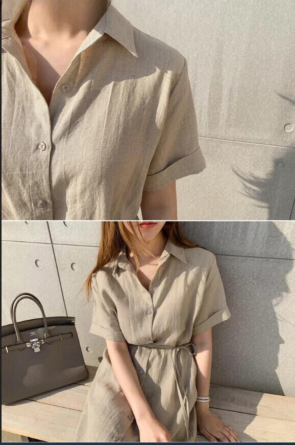 Lady Summer Casual Button-Down Shirt Dress Cotton Linen Long Tunic Beach Kaftan