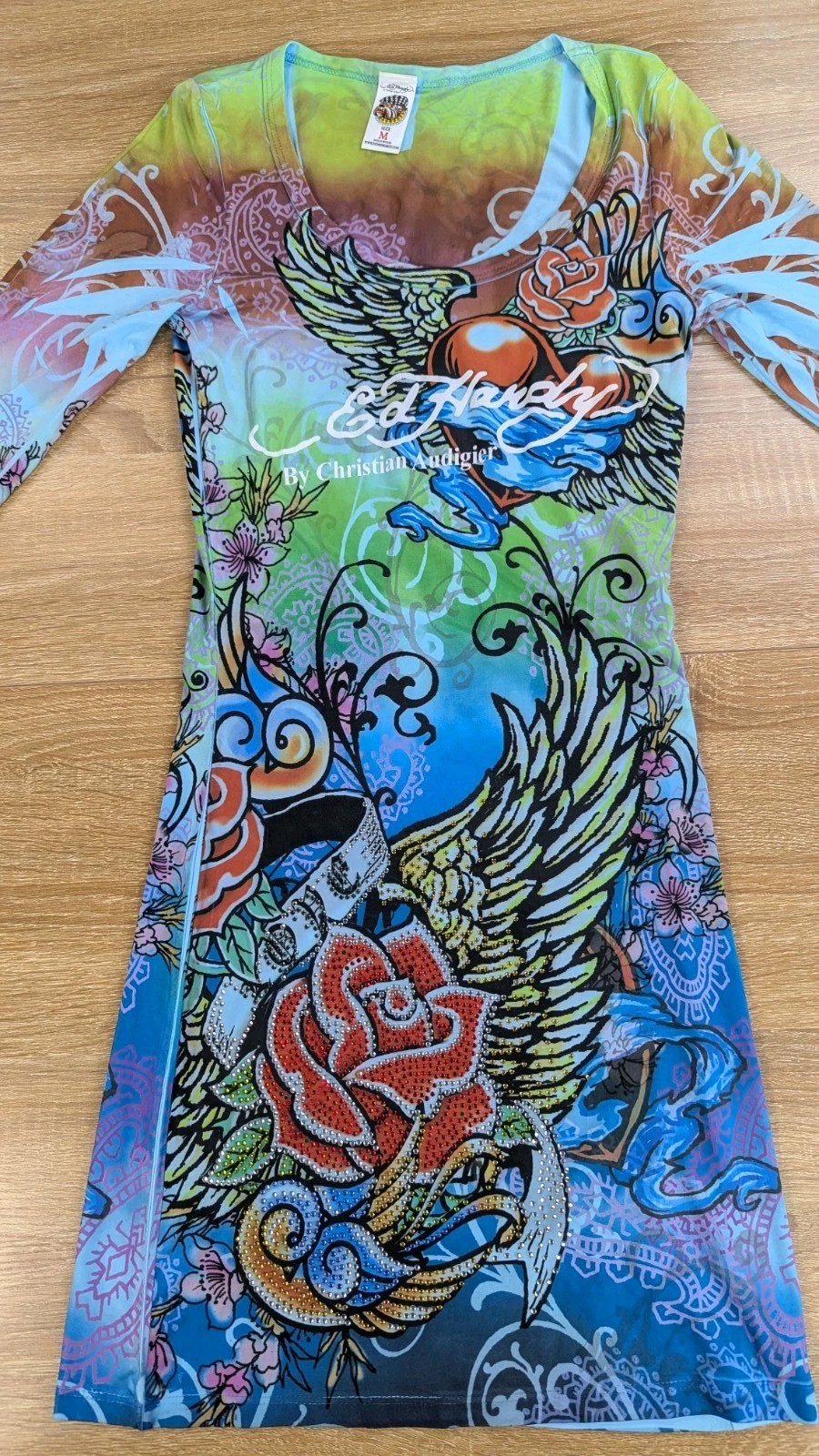 VTG Ed Hardy Christian Audigier Rhinestone Dress Medium Y2K Rose Tattoo Graphic