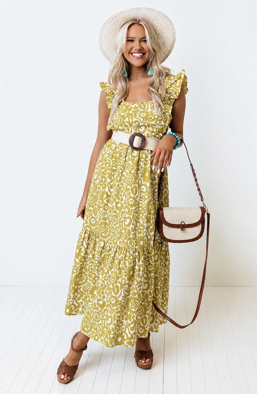 Chartreuse Boho Floral Cotton Midi Dress S Open Bow Back Ruffled Cottagecore NWT
