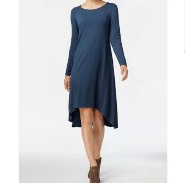 Eileen Fisher Women Dress Viscose Jersey Stretch Long Sleeve Hi-Low Jewel Boat S